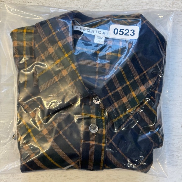 Veronica Beard Seneca Plaid Puff Sleeve Button-down shirt Size 0 Navy Check - Picture 12 of 12